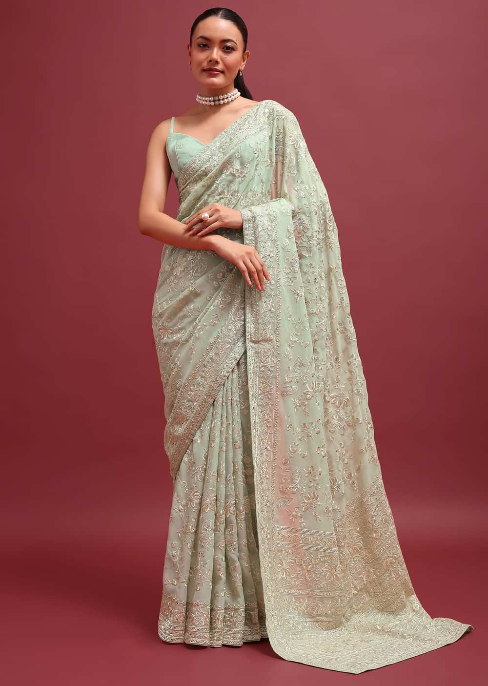 Pale Green Embroidered Parsi Gara Saree In Floral Resham Work And Unstitched Blouse
