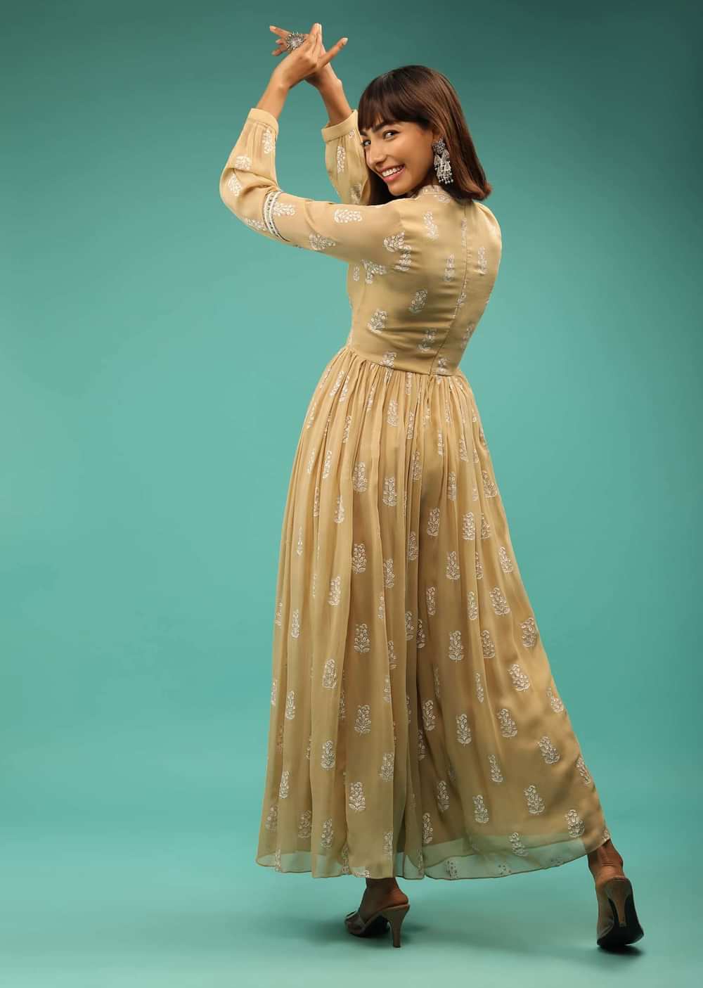 Pale Khaki Jumpsuit In Georgette With Floral Print And Stone Work