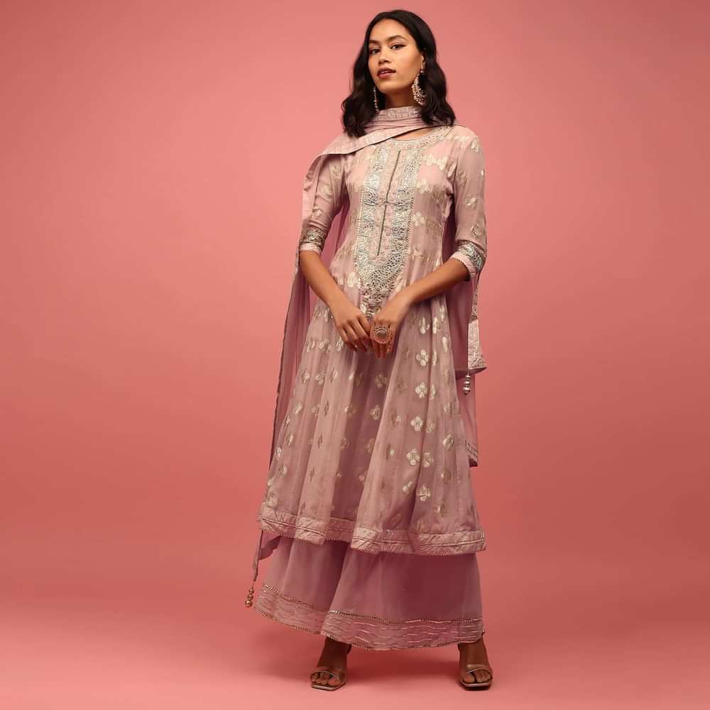 Onion Pink Anarkali Suit Set In Banarasi Georgette Brocade Work