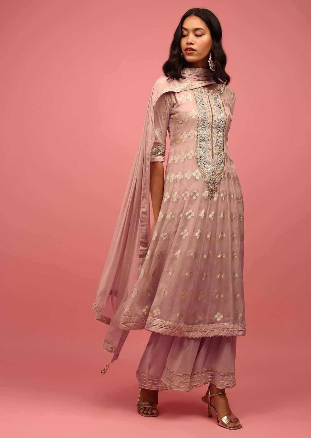 Onion Pink Anarkali Suit Set In Banarasi Georgette Brocade Work