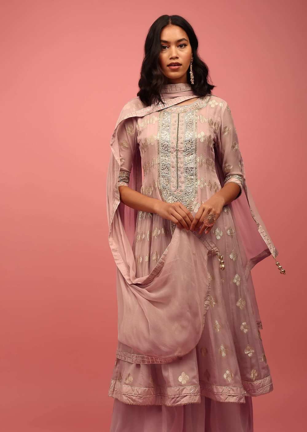 Onion Pink Anarkali Suit Set In Banarasi Georgette Brocade Work