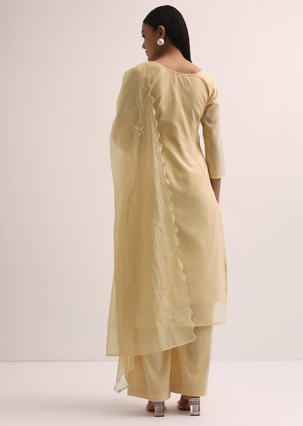 Pale Yellow Palazzo Set With Patchwork Kurta Stitched Dress Material