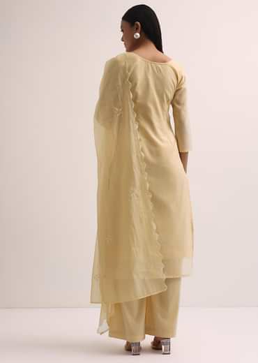 Pale Yellow Palazzo Set With Patchwork Kurta Stitched Dress Material
