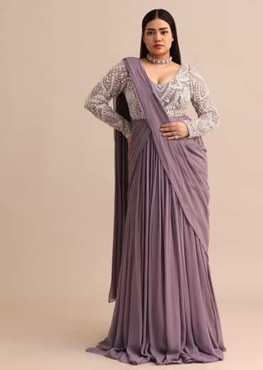 Blue Lilac Pre Drape Suit With Pearl Work