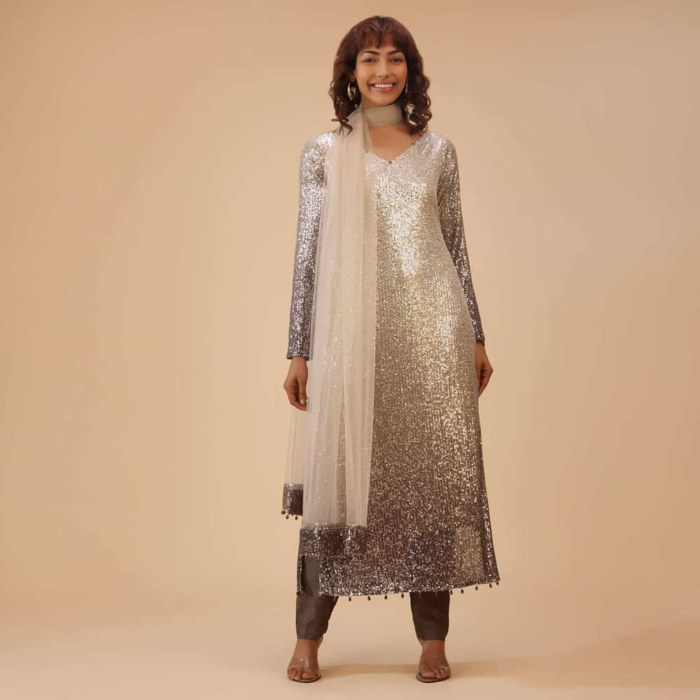 Coffee Brown And Silver Gradient Shade Pant Suit Set In Sequins