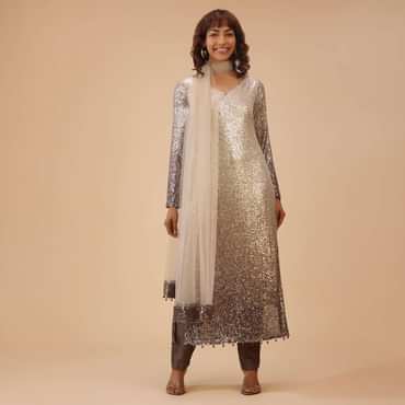 Coffee Brown And Silver Gradient Shade Pant Suit Set In Sequins