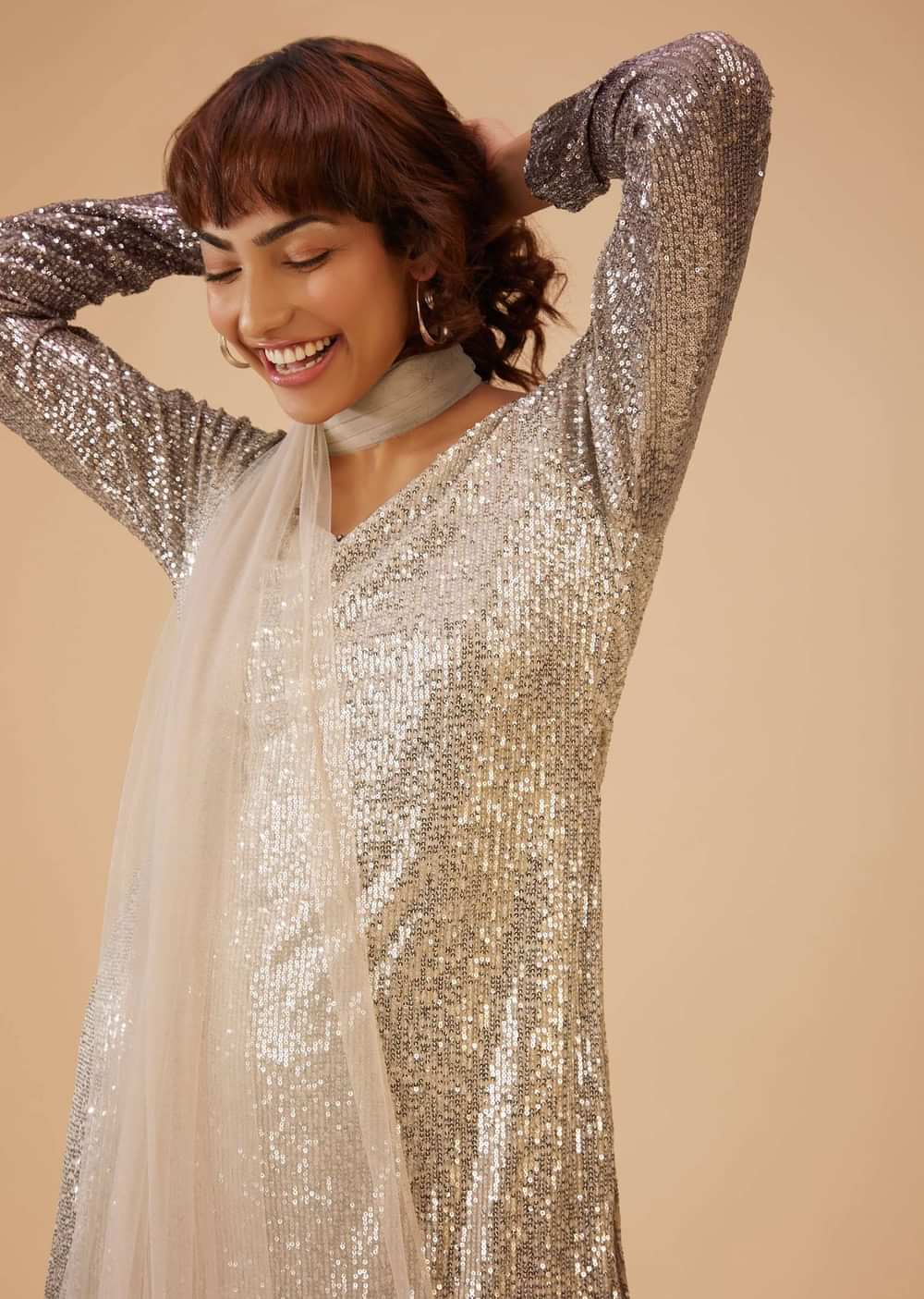 Coffee Brown And Silver Gradient Shade Pant Suit Set In Sequins
