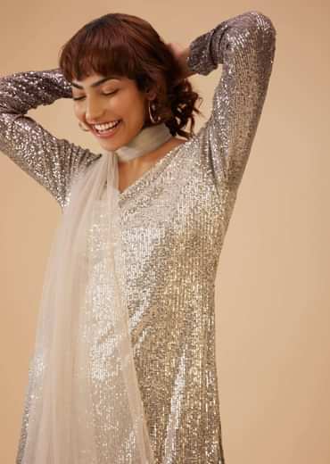 Coffee Brown And Silver Gradient Shade Pant Suit Set In Sequins