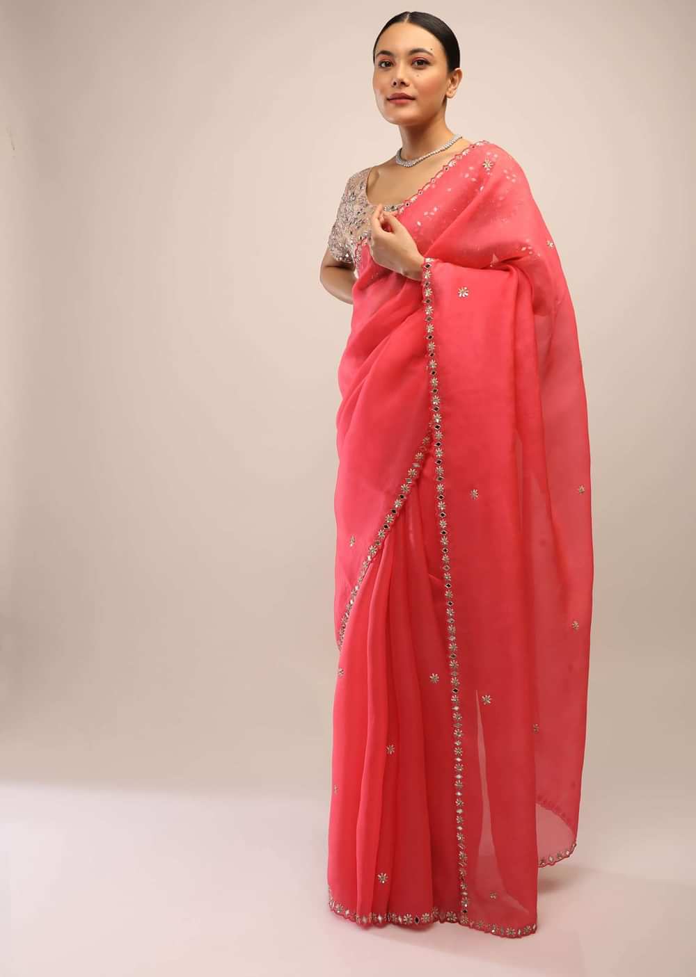 Paradise Pink Saree In Organza With Mirror Embroidery On The Border And Unstitched Blouse