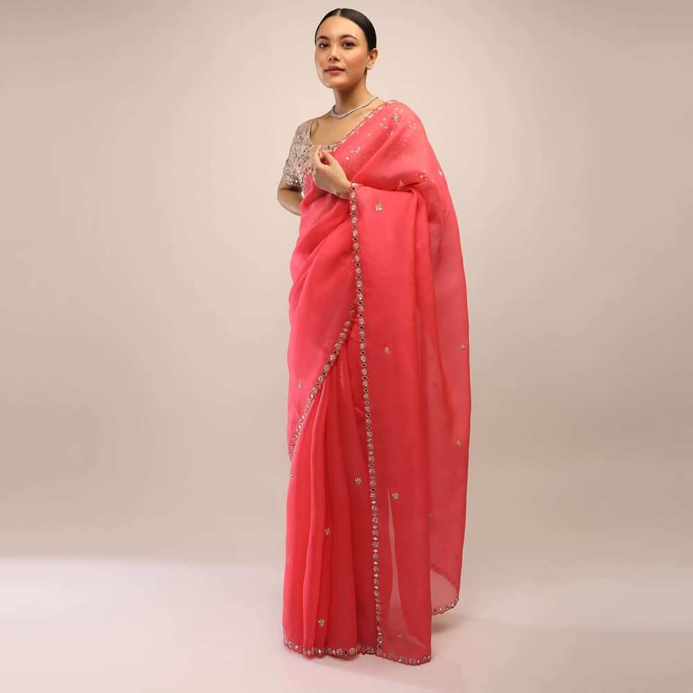 Paradise Pink Saree In Organza With Mirror Embroidery On The Border And Unstitched Blouse