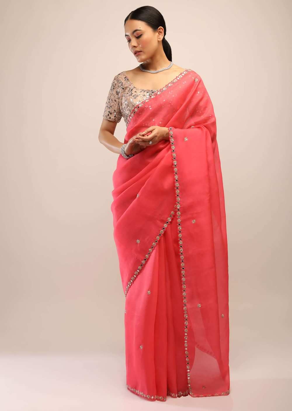 Paradise Pink Saree In Organza With Mirror Embroidery On The Border And Unstitched Blouse