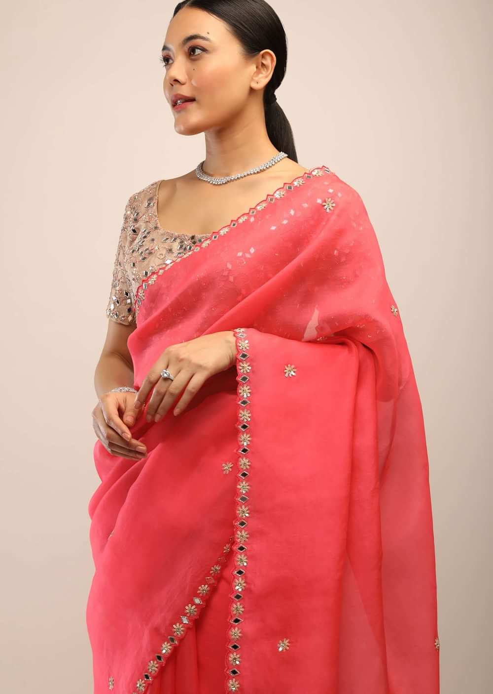 Paradise Pink Saree In Organza With Mirror Embroidery On The Border And Unstitched Blouse