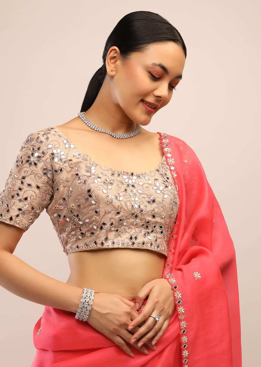 Paradise Pink Saree In Organza With Mirror Embroidery On The Border And Unstitched Blouse