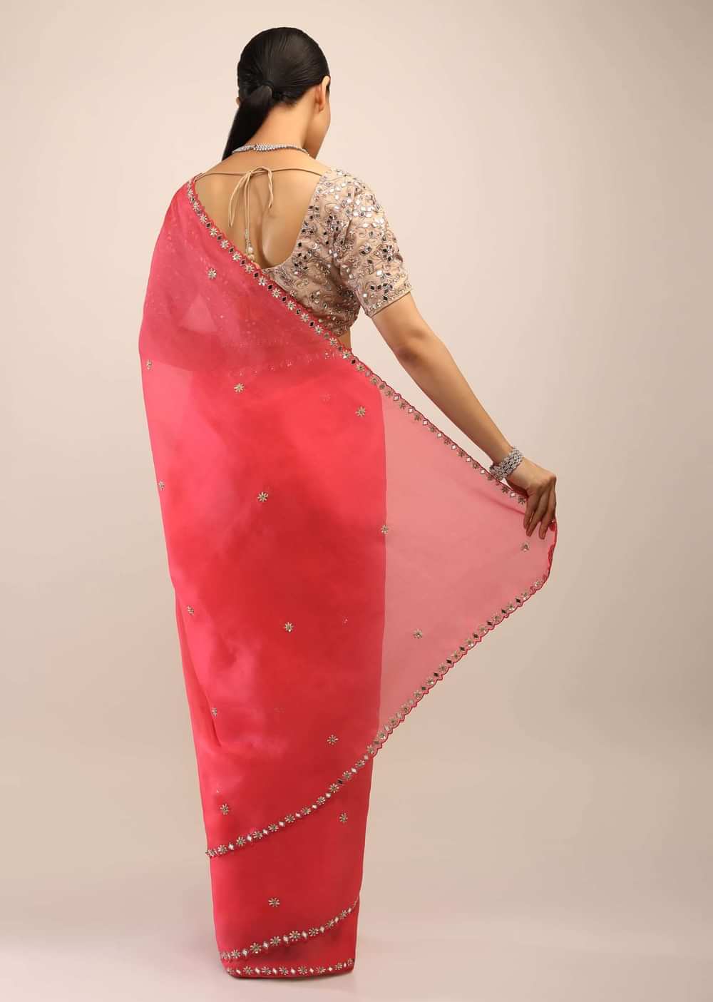 Paradise Pink Saree In Organza With Mirror Embroidery On The Border And Unstitched Blouse