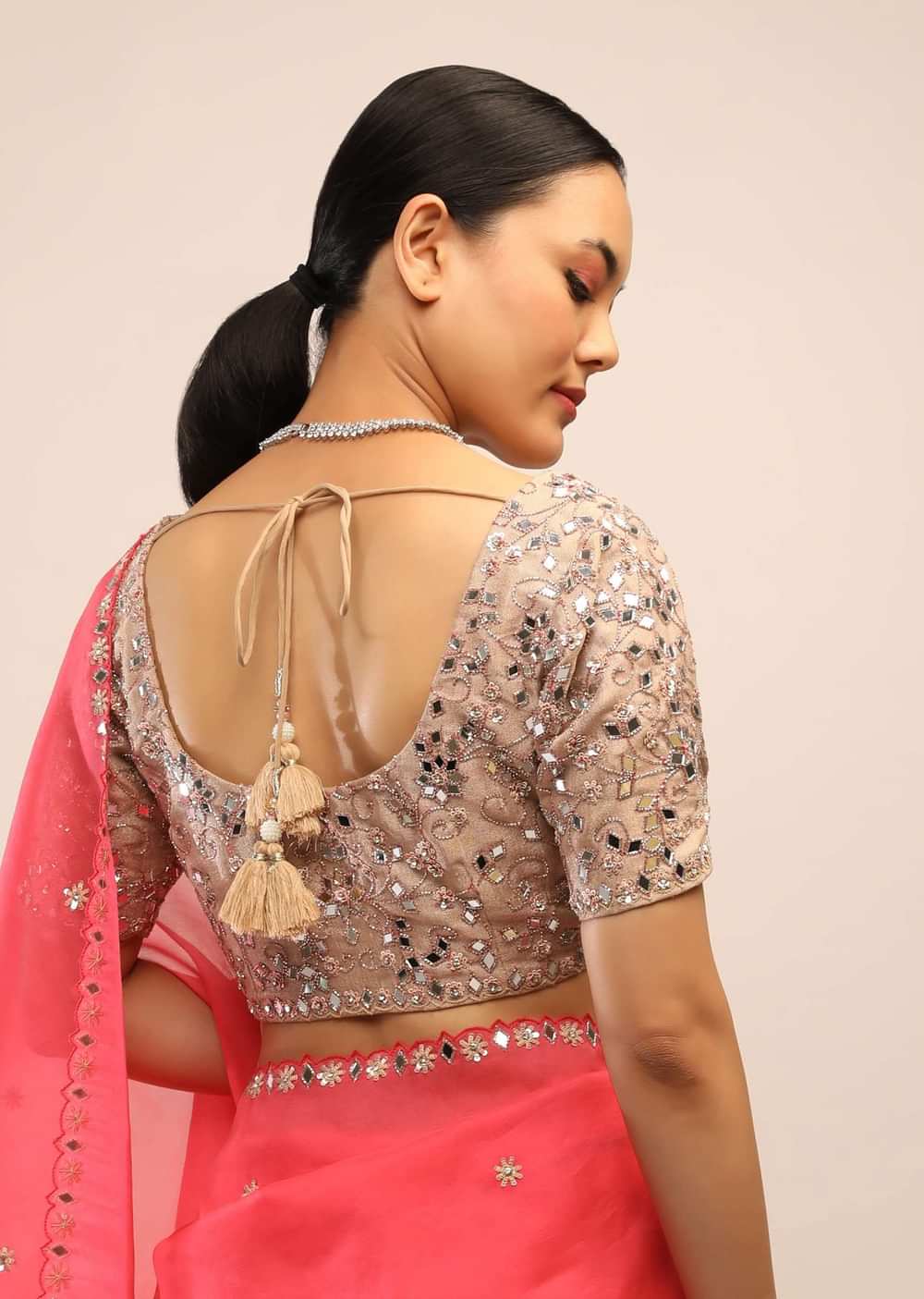 Paradise Pink Saree In Organza With Mirror Embroidery On The Border And Unstitched Blouse