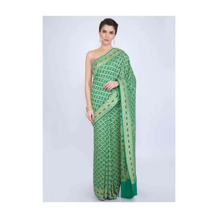 Paris green bandhani printed saree with weaved jaal work only on kalki