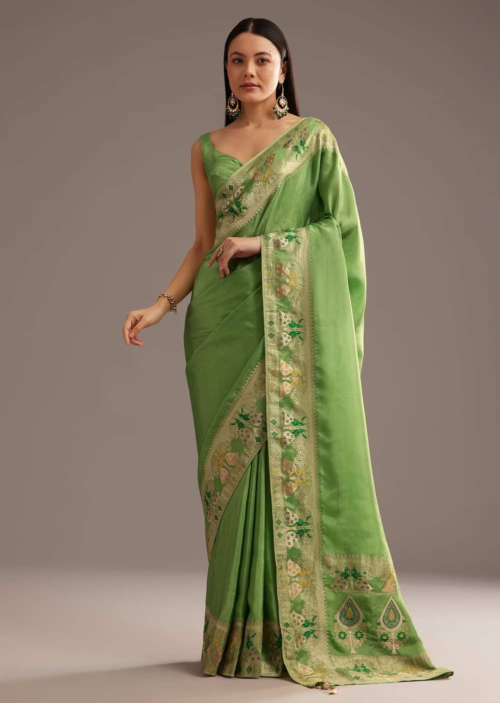 Parrot Green Crepe Silk Saree With Chanderi Zari Work