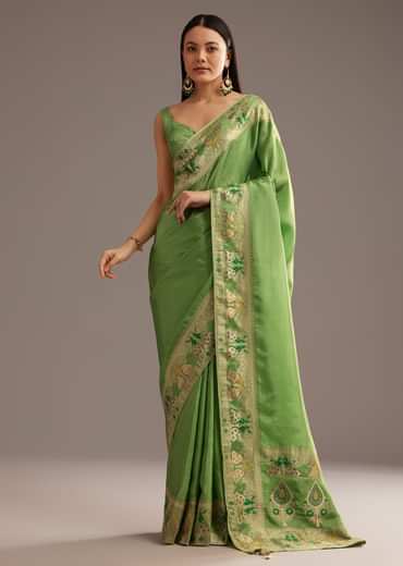 Parrot Green Crepe Silk Saree With Chanderi Zari Work