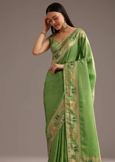 Parrot Green Crepe Silk Saree With Chanderi Zari Work