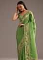 Parrot Green Crepe Silk Saree With Chanderi Zari Work