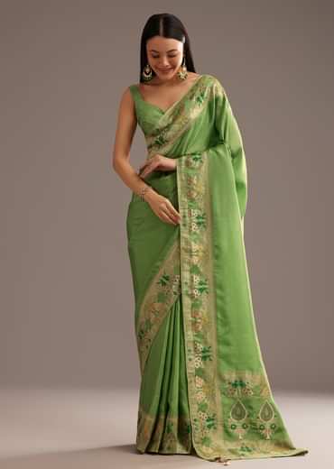 Parrot Green Crepe Silk Saree With Chanderi Zari Work