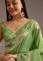 Parrot Green Crepe Silk Saree With Chanderi Zari Work