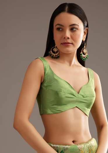 Parrot Green Crepe Silk Saree With Chanderi Zari Work