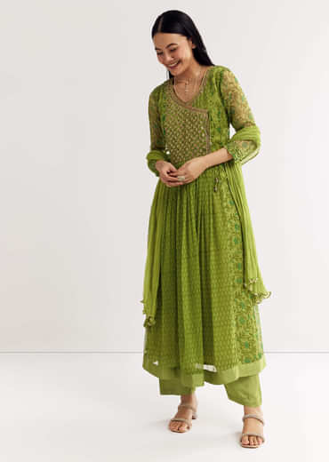Parrot Green Floral Chiffon Anarkali Kurta Set With Dupatta