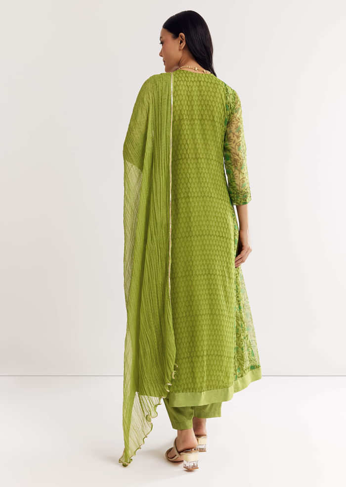 Parrot Green Floral Chiffon Anarkali Kurta Set With Dupatta