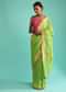 Parrot Saree In Linen With Golden Brocade Border And Striped Pallu Along With Magenta Unstitched Blouse