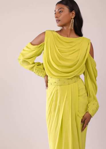 Sheen Green Cowl Top And Drape Skirt In Crepe