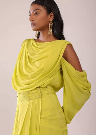 Sheen Green Cowl Top And Drape Skirt In Crepe