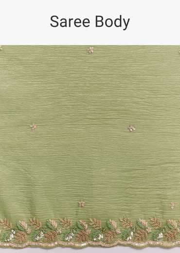 Parrot Green Crushed Tissue Saree With Sequins And Scallop Border