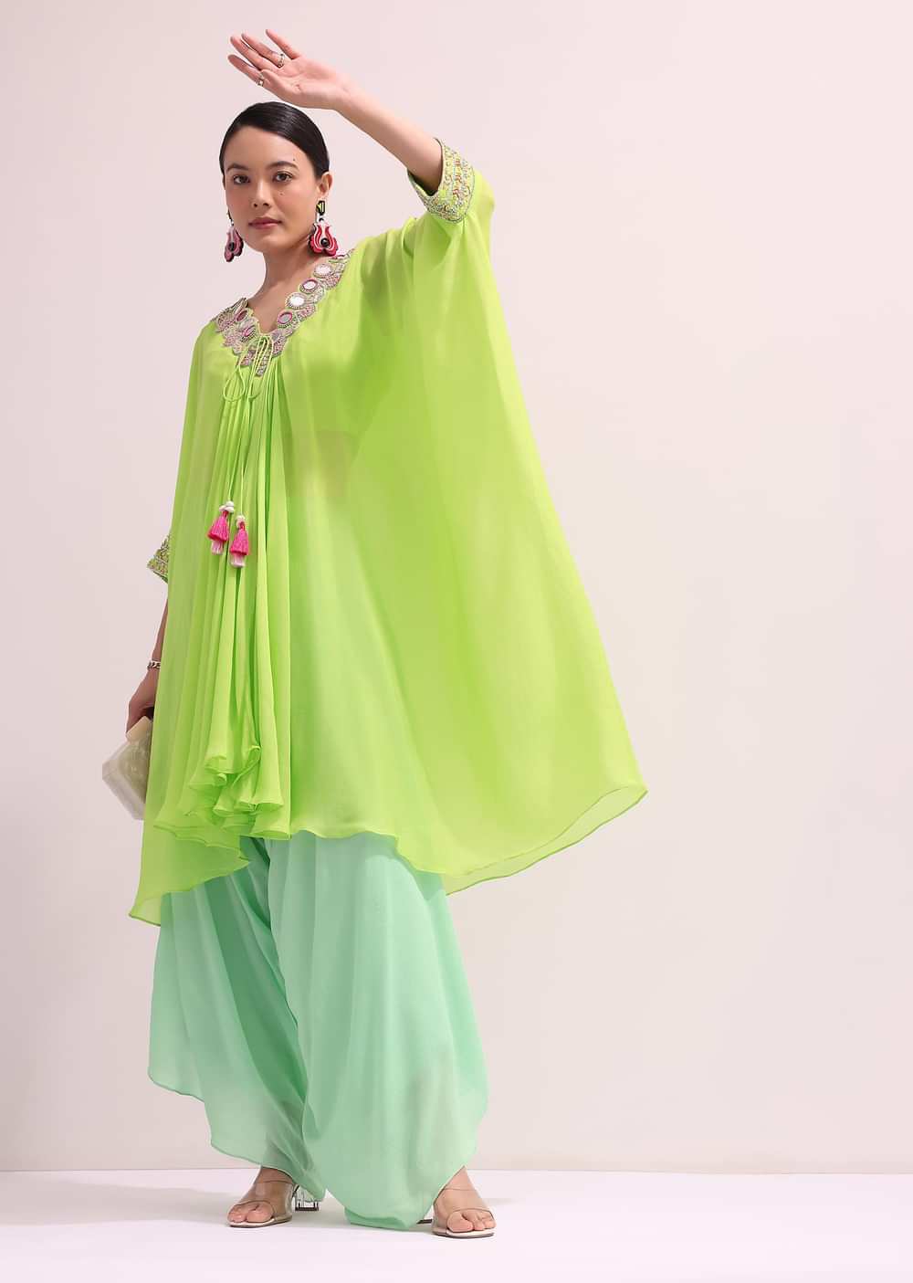 Parrot Green Embroidered Kurta Palazzo Set