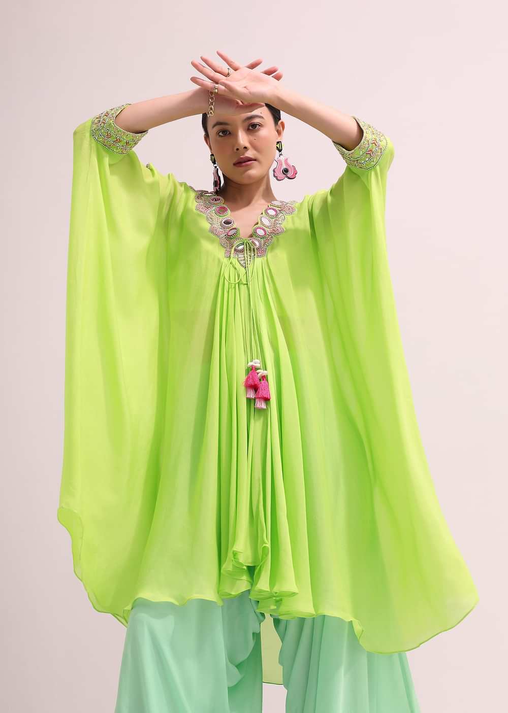 Parrot Green Embroidered Kurta Palazzo Set