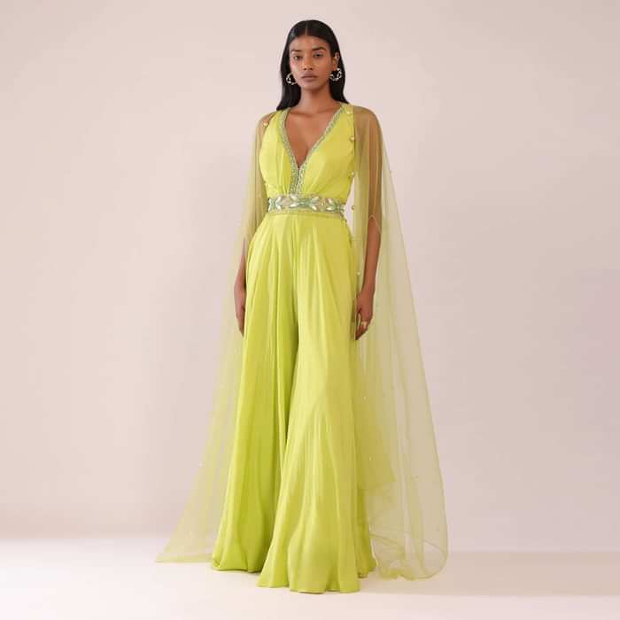 Sheen Green Crepe Jumpsuit And Net Shrug With A Crystal Bead Embroidered Belt