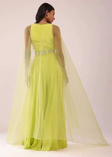 Sheen Green Crepe Jumpsuit And Net Shrug With A Crystal Bead Embroidered Belt