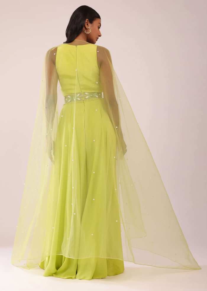 Sheen Green Crepe Jumpsuit And Net Shrug With A Crystal Bead Embroidered Belt