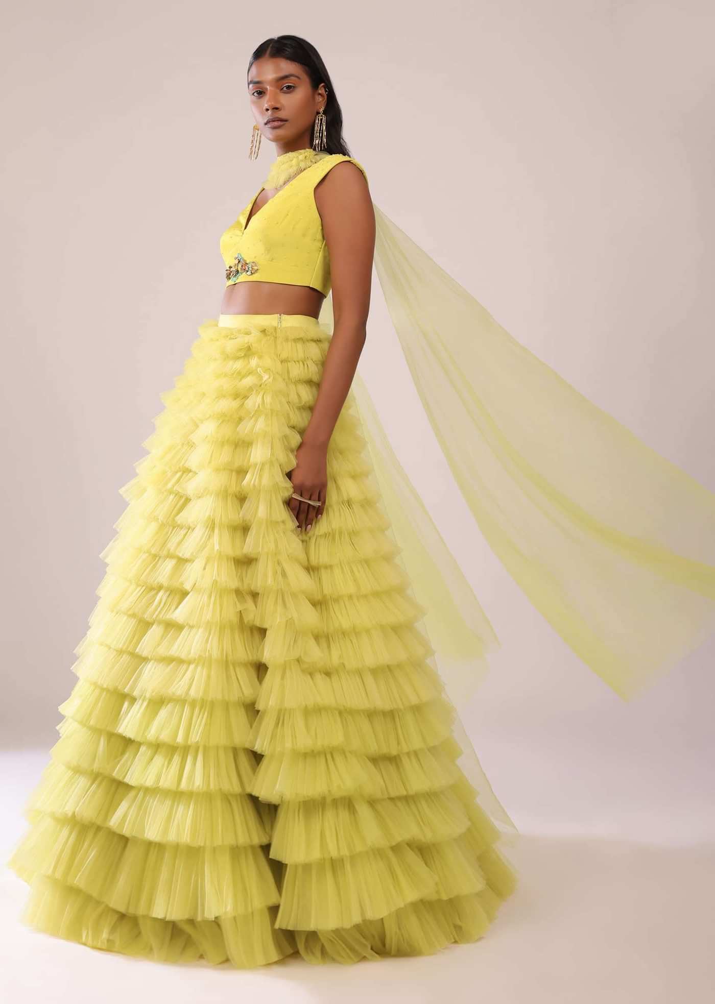 Sheen Green Frill Net Lehenga, Blouse, And Choker Set With Embroidery