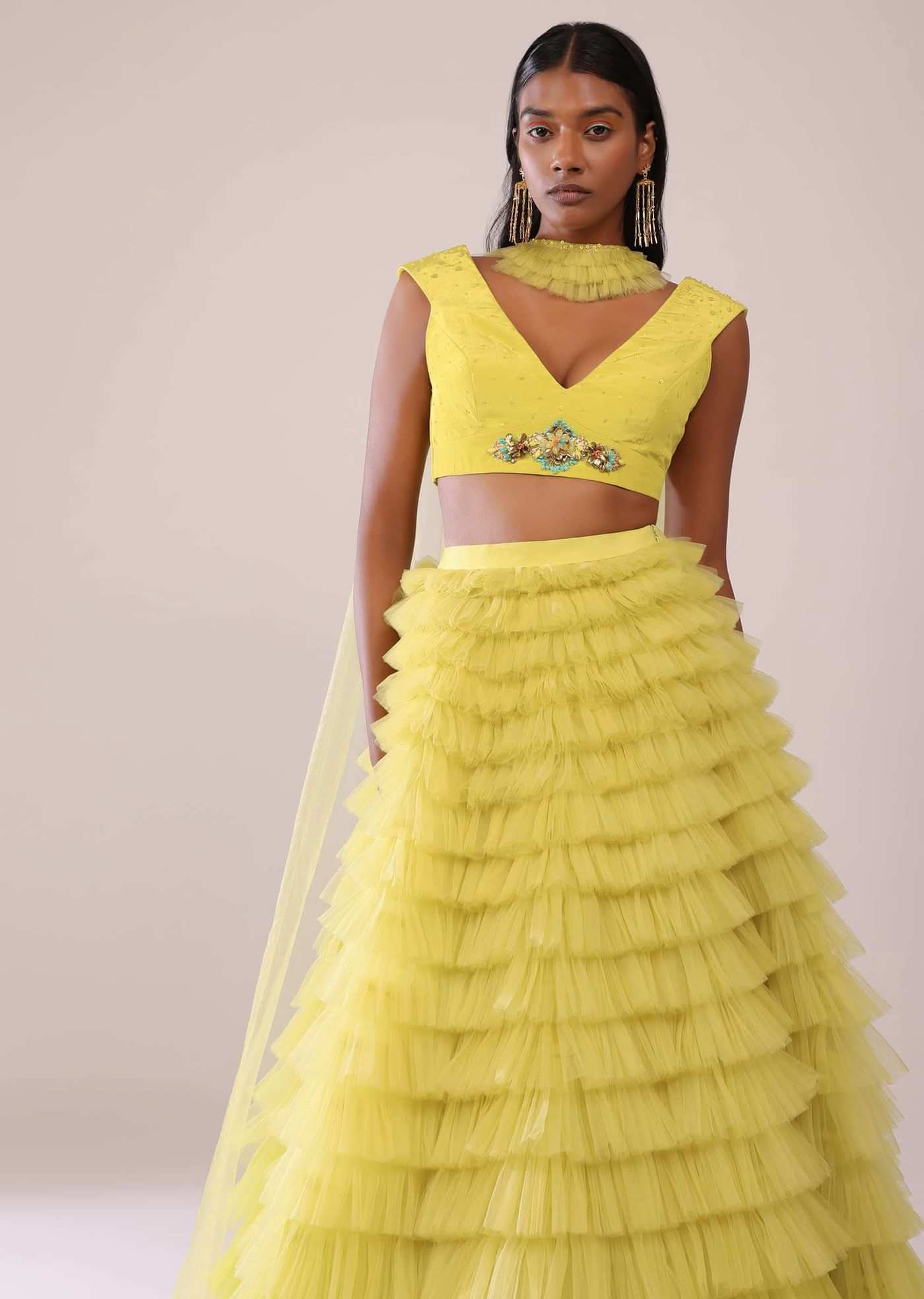 Sheen Green Frill Net Lehenga, Blouse, And Choker Set With Embroidery
