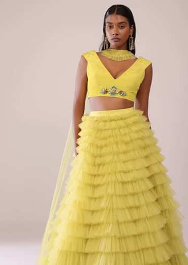 Sheen Green Frill Net Lehenga, Blouse, And Choker Set With Embroidery