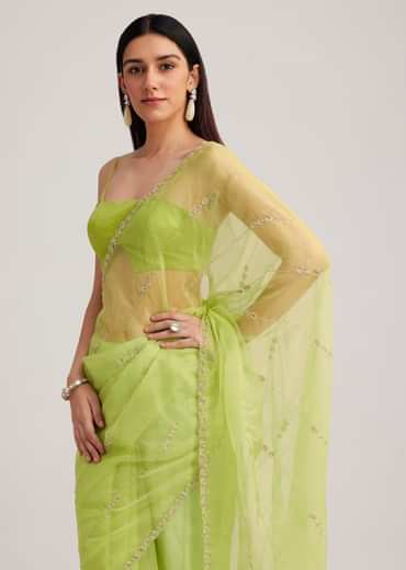 Parrot Green Organza Saree With Cutdana Embroidery