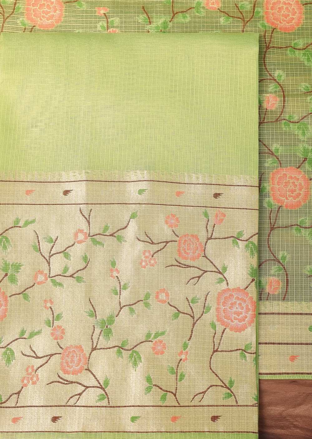 Parrot Green Paithani Silk Dress Material