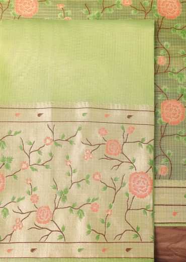 Parrot Green Paithani Silk Dress Material