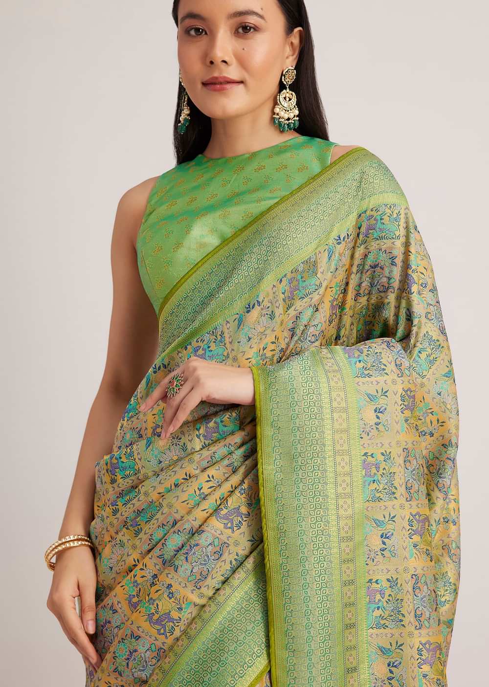 Parrot Green Silk Woven Work Saree