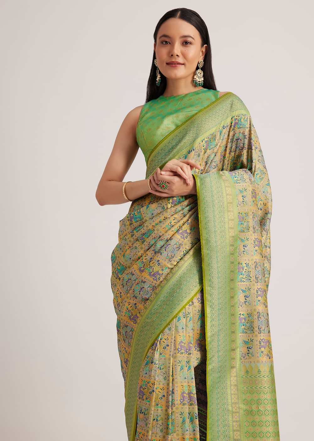Parrot Green Silk Woven Work Saree