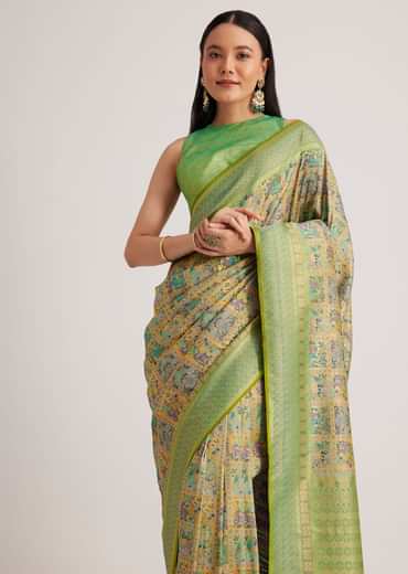 Parrot Green Silk Woven Work Saree