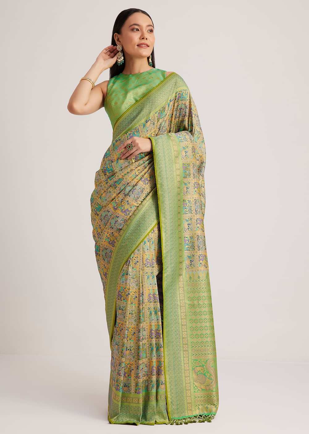 Parrot Green Silk Woven Work Saree