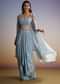 Pastel Blue Crop Top Skirt Set With Embroidered Cape Overlay
