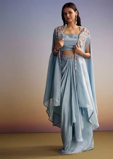 Pastel Blue Crop Top Skirt Set With Embroidered Cape Overlay